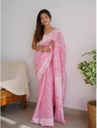 Women's Cotton Printed Saree With Unstitched Blouse 5.5Mtr (Pink)-PID60312