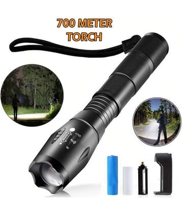 700mtr Rechargeable 5 Mode LED Waterproof Long Beam Metal Torch 12W 12W Emergency Light Torch Zoomable Black - Pack of 1