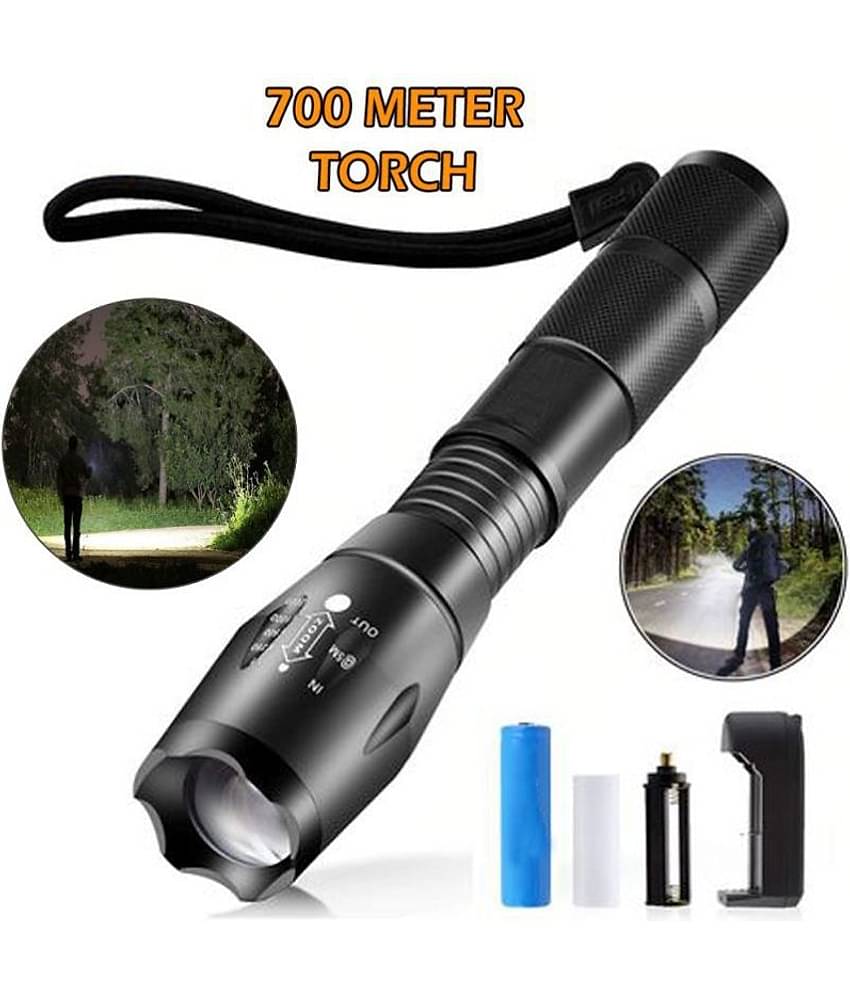 700mtr Rechargeable 5 Mode LED Waterproof Long Beam Metal Torch 12W 12W Emergency Light Torch Zoomable Black - Pack of 1