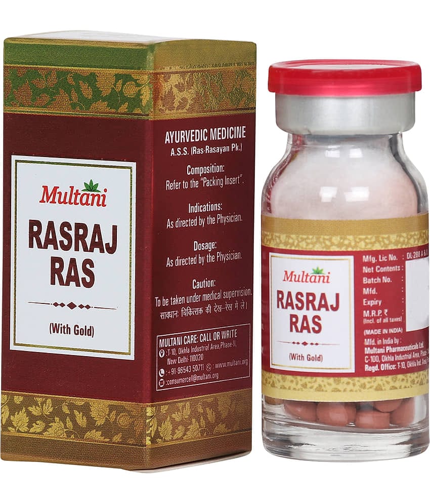 Multani Rasraj Ras With Gold | Enriched With 24 Carat Gold, Moti Pishti, Ashwagandha & Abhrak Bhasma | Helpful In Pains Causes By Vata Imbalance/वात रोग | 10 Tablets