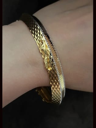 Lines on one side and Jaguar motif wavy design  on other side of rhodium and gold plated kada-2'12