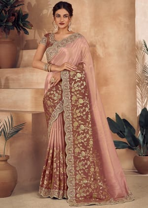 Coffee Brown Heavy Embroidered Designer Silk Saree