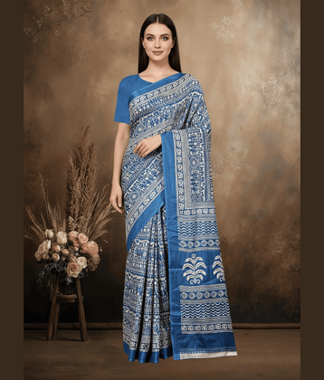 JIHANA FAB Chiffon Printed Regular Saree With Unstitched Blouse Piece ( Blue )