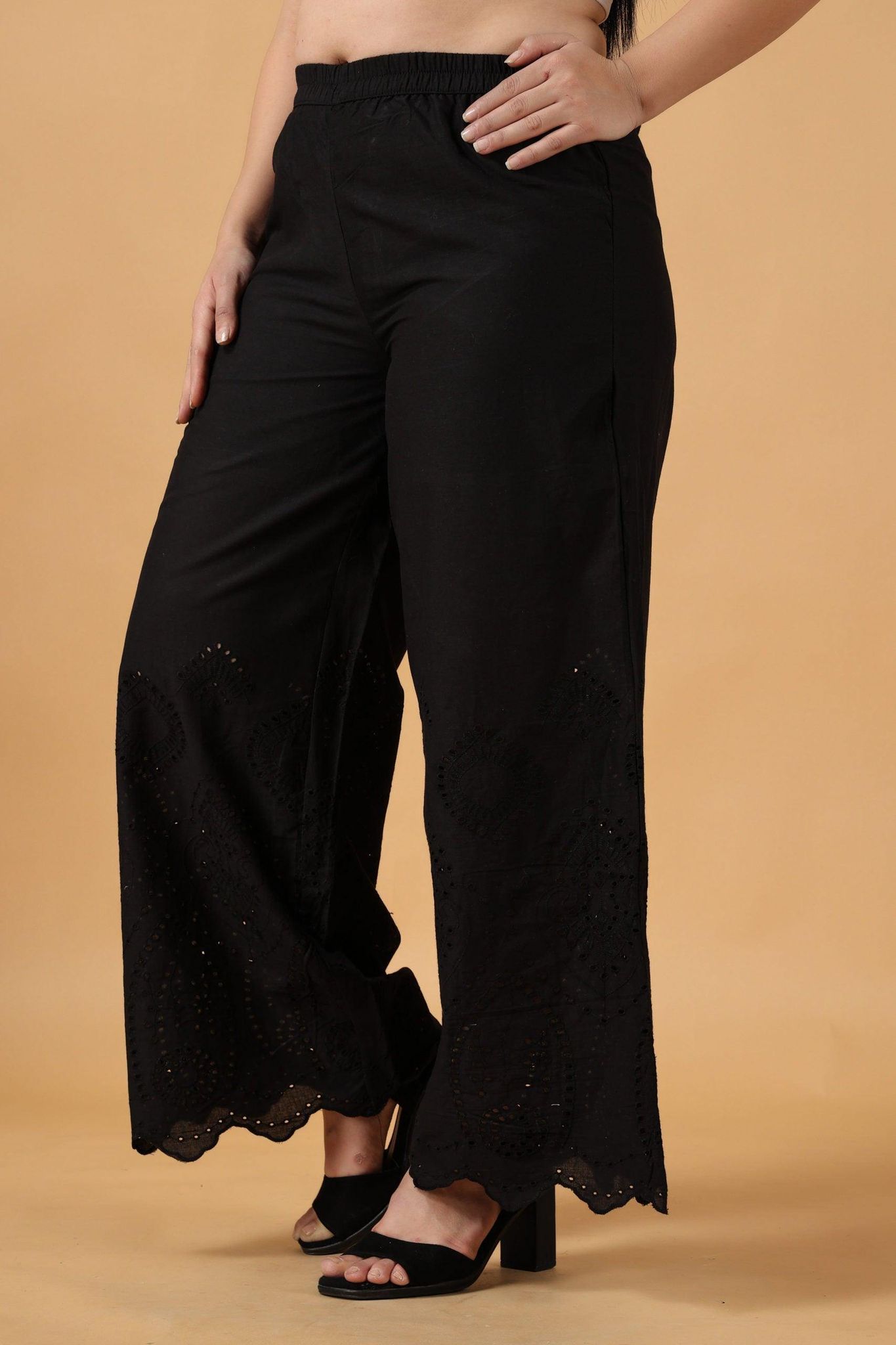 Solid Palazzo with Cutwork Border-L / Black