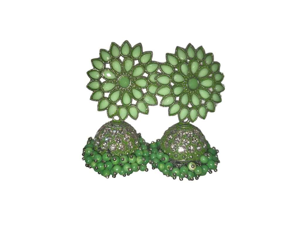 Green Jhumka Earrings with Kundan Stones and Pearl Beads
