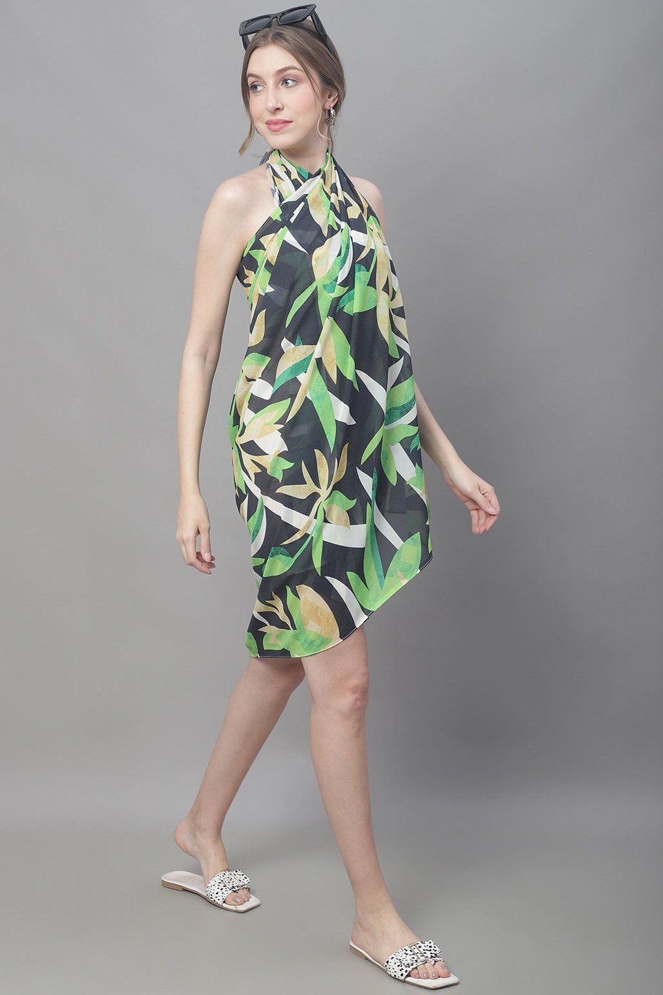 Black Floral Printed Georgette Coverup Beachwear Sarong For Woman-ONESIZE