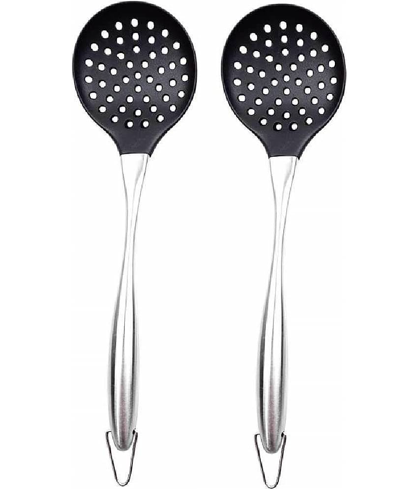 Baskety Silicone with Stainless Steel Handle Slotted Flexible Kitchen Set Spatula ( Pack of 2 , Black)