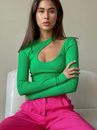 Rib Hollow Out Bodysuit Long Sleeve Top-S / Green