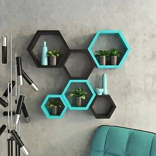 Onlinecrafts Wooden Wall Shelf Wooden Wall Shelf (Number Of Shelves - 6, Black, Blue)