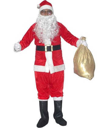 Kaku Fancy Dresses Adult Santa Clause Fancy Dress in Velvet Fabric for Christmas Costume with White Beard, Cap, Belt and Bag, For Men's, 10-12 Years