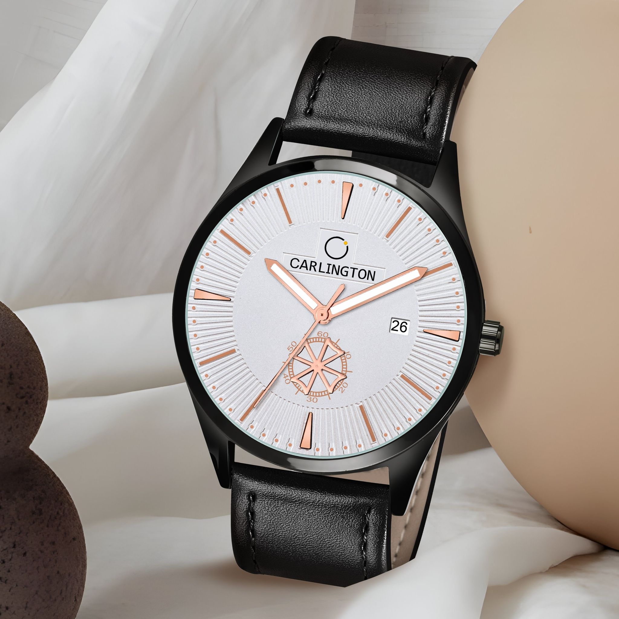 Carlington Elite CT1020 Water Resistant Leather Watch With Date Display- For Men-White