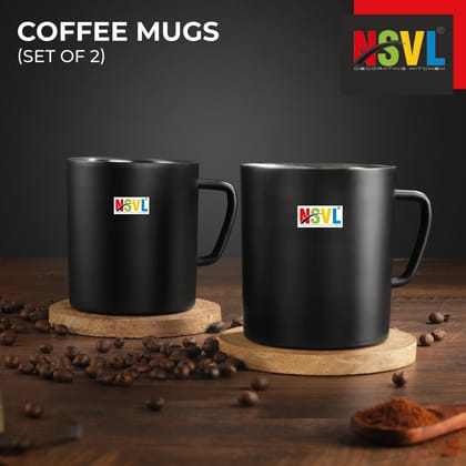 NSVL Black Coated Premium Double Wall Coffee Mug, Set of 2  (250ML Each)| Tea Cup with Handle and Flat Base