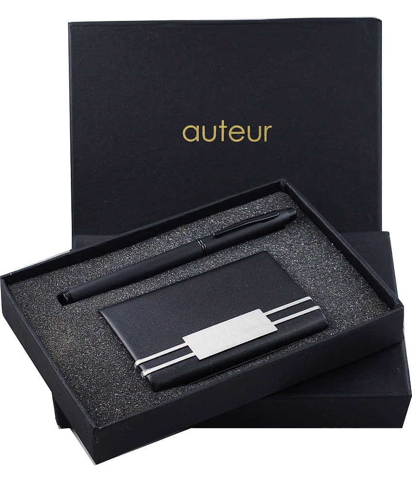 “auteur” Gift Set,A Roller Ball Pen, A Premium RFID Safe Card Wallet, In Black Color Metal Pen & PU Leather Body ATM/Debit/Credit/Visiting Card Holder, Excellent Corporate Gift Set Packed in an Attractive Box.