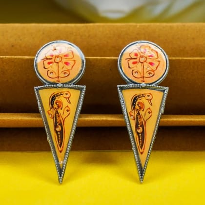 Oxidized Silver Yellow Triangular Bottom Stud Earrings For Girls Women