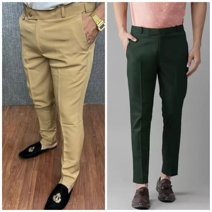 Cream & Dark Green Waist Adjustable Pant Combo-28