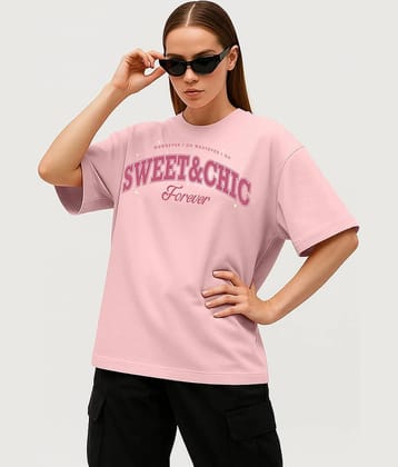 STYLENSE Women Cotton Blend Printed Oversized Fit Round Neck T-Shirt ( Pink )