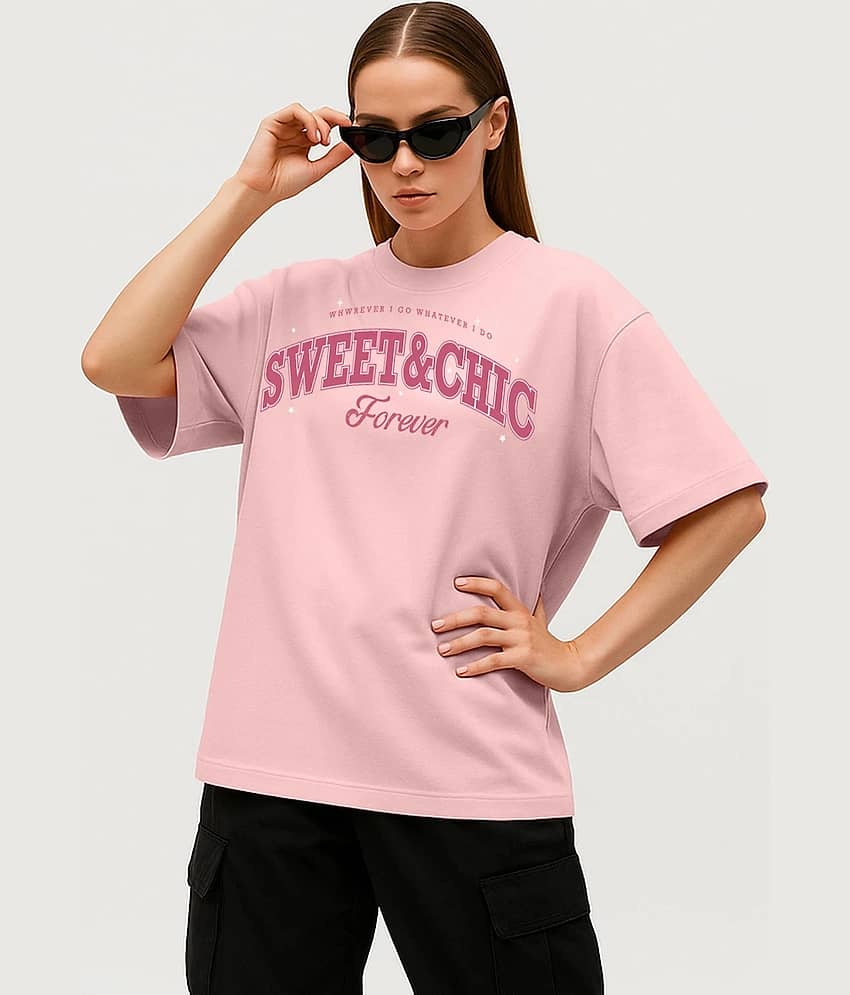 STYLENSE Women Cotton Blend Printed Oversized Fit Round Neck T-Shirt ( Pink )