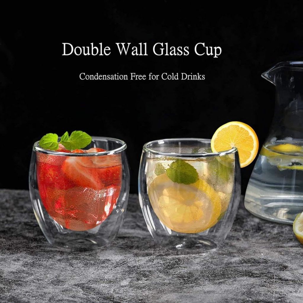Double Wall Glass 250Ml Set of 2 Double Layer Tea & Coffee Cup Double Walled Glass Mugs for hot & Cold Drinks Coffee Tea Milk cappuchino Juice (240 Ml Tumbler)