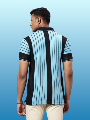Mens Aqua Blue Striped Polo Collar  T-shirt-M