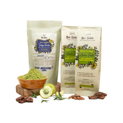 Nat Habit Ready-to-Apply Henna Paste and Organic Indigo Powder Combo – Natural Hair Color Combo for Black Hair, Henna & Indigo Leaf Powder for Rich Dark Brown and Fast Post-Henna Coloring, (Henna: Pack of 2 x 220g, Indigo: Pack of 1 x 85g) Nat Habit Read