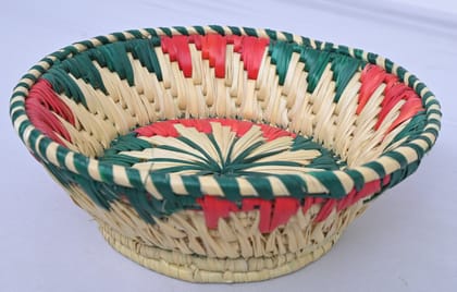 Handwoven Fruit Basket – Natural Bamboo with Red & Green Traditional Design