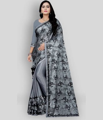 Gazal Fashions Satin Printed Saree With Unstitched Blouse Piece ( Dark Grey )