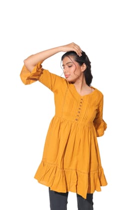 Mustard Cotton Flex Embellished Gathered Tunic