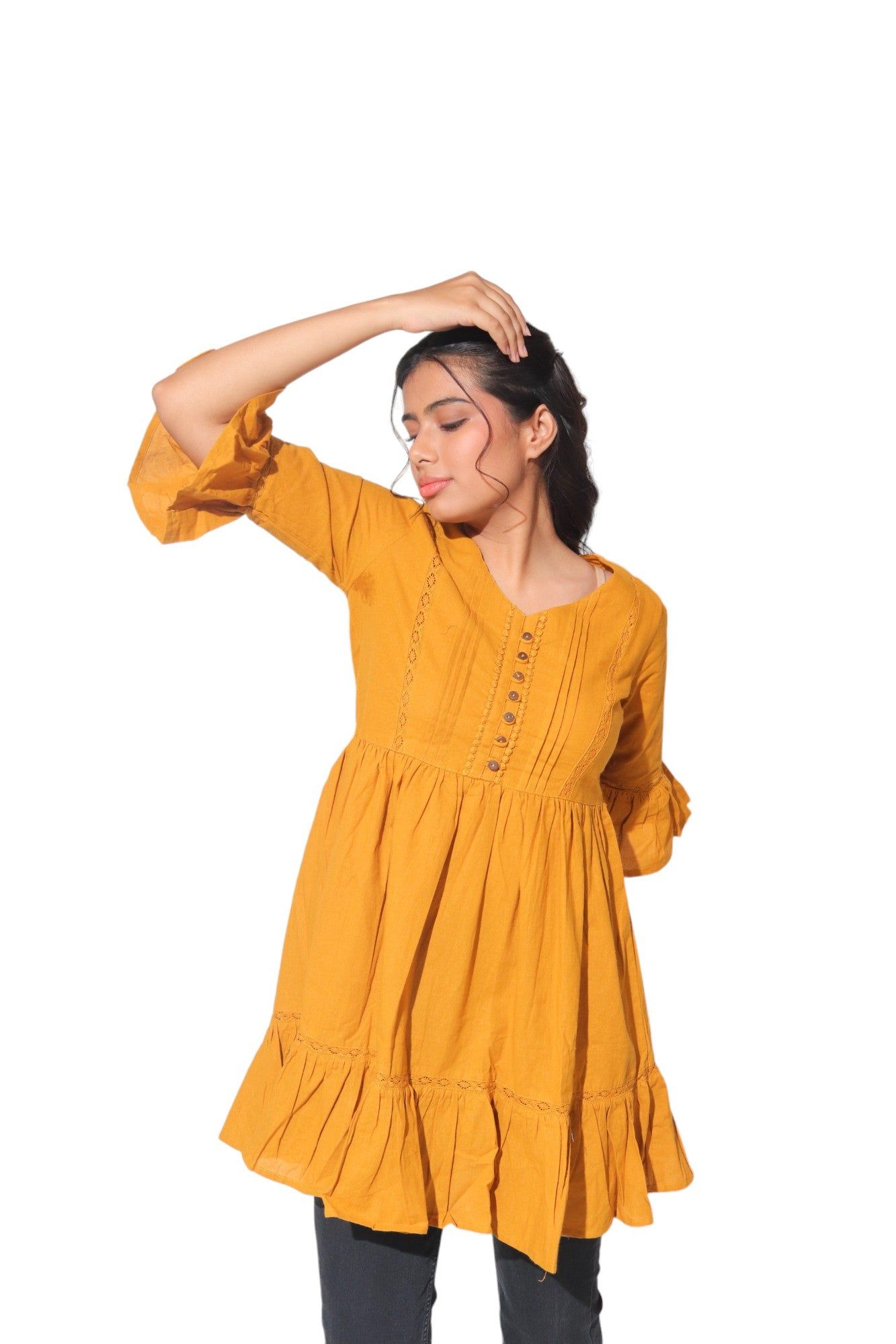 Mustard Cotton Flex Embellished Gathered Tunic