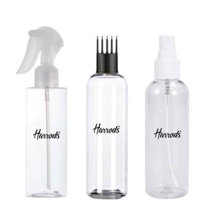 HARRODS Clear Refillable Spray & Applicator Bottle Set 200ml(Pack of 3)| Fine Mist and Trigger Spray & Oil Applicator Comb Bottle | Water, Styling & Liquid Use HARRODS Clear Refillable Spray & Applicator Bottle Set 200ml(Pack of 3)| Fine Mist and Trigger