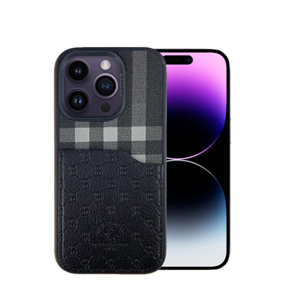 iPhone 14 Cover - Santa Barbara Genuine Leather Card Holder Case Plaid Series-Black