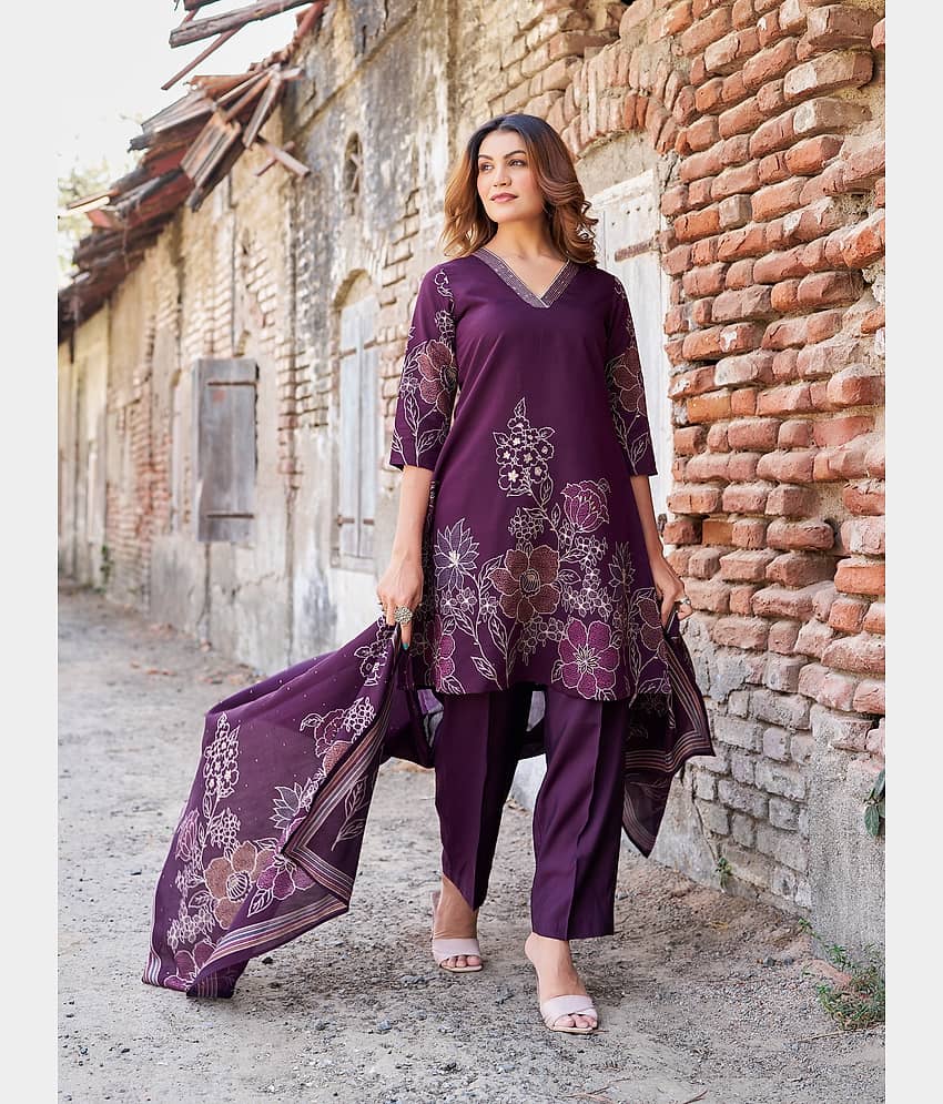 VIBE VISION Silk Self Design Kurti With Pants Women's Stitched Salwar Suit - Violet ( Pack of 1 )