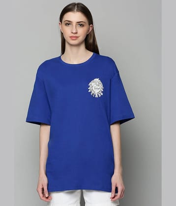 JUNEBERRY Women Cotton Printed Oversized Fit Round Neck T-Shirt ( Blue )