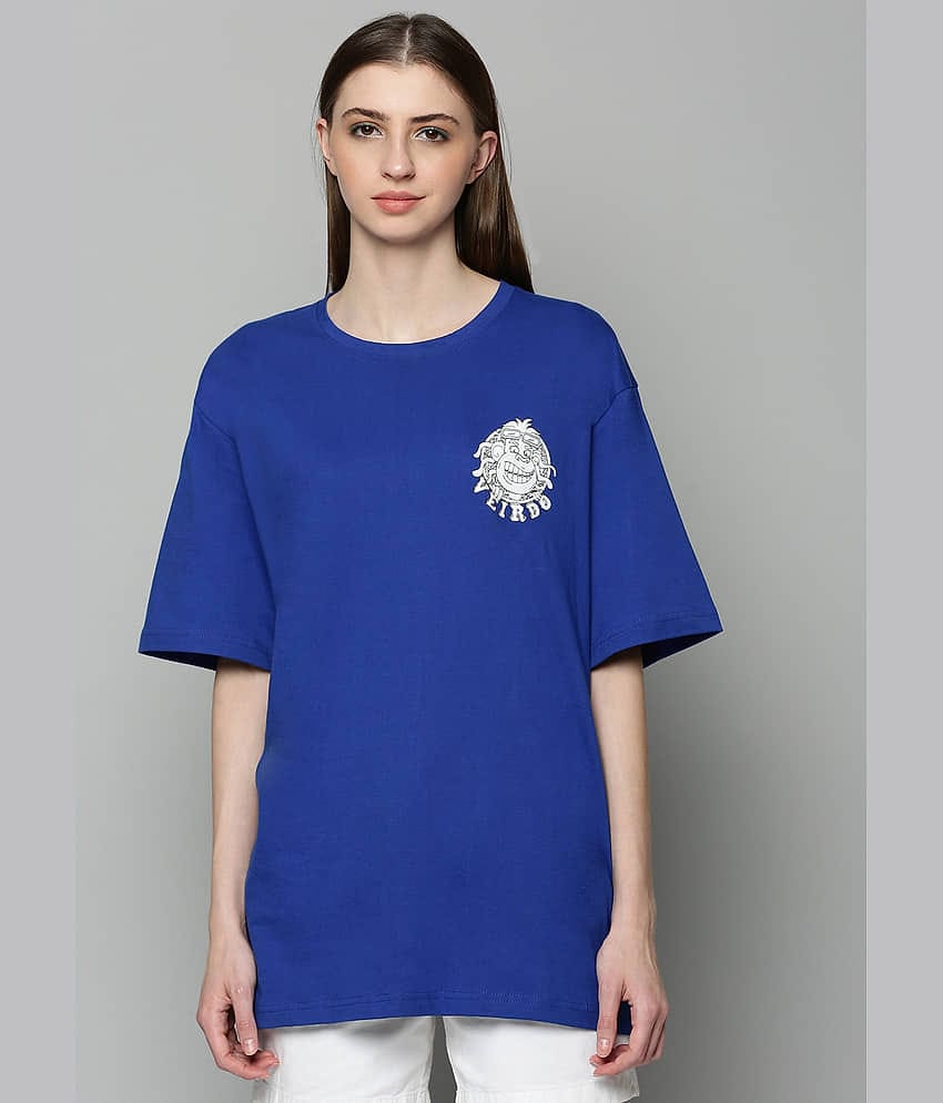 JUNEBERRY Women Cotton Printed Oversized Fit Round Neck T-Shirt ( Blue )