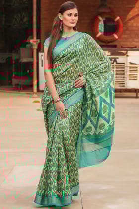 Beautiful Green Color Linen Digital Printed Sari