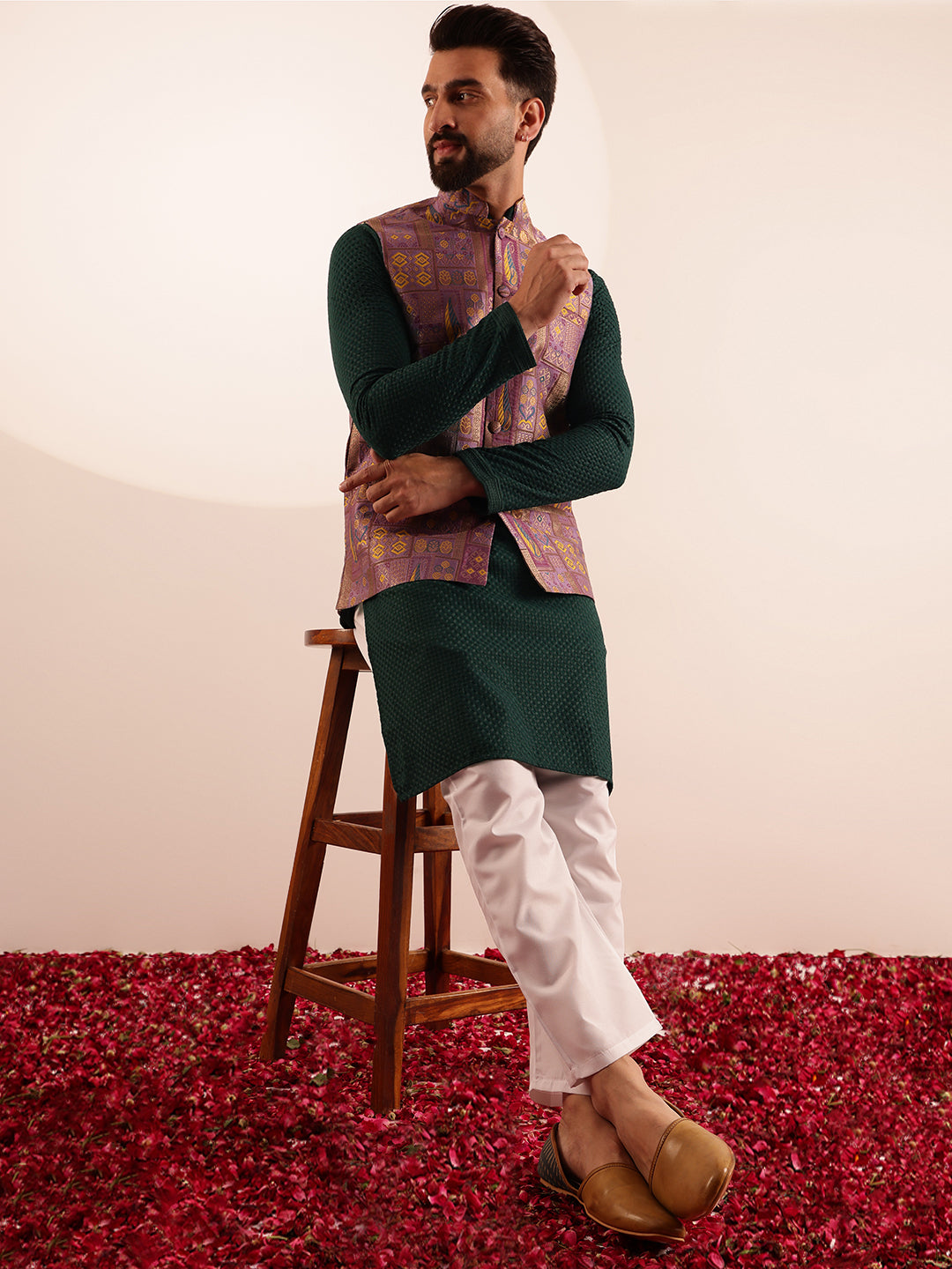Men's Cotton Bottle Green Kurta & White Pyjama With Jacquard Silk Purple Nehru Jacket-36