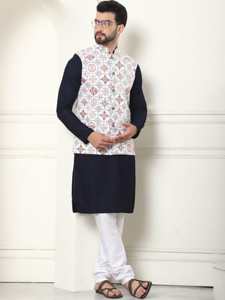 Men's Pure Cotton Navy Kurta and White Pyjama With Printed Cream Nehru Jacket Set-36