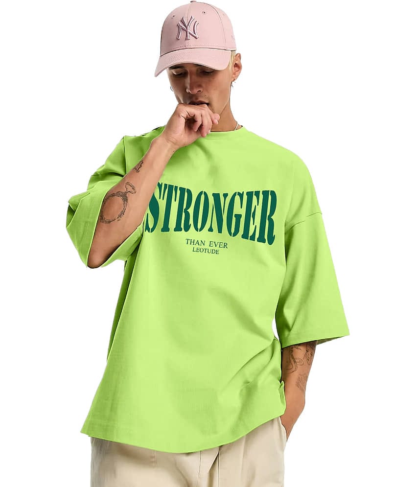 Leotude Men Cotton Blend Oversized Fit Printed T-Shirt ( Green )