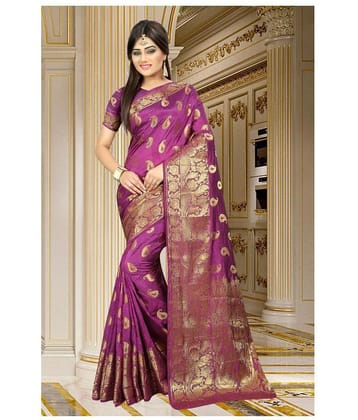 Gazal Fashions Banarasi Silk Embroidered Saree With Unstitched Blouse Piece ( Pink )