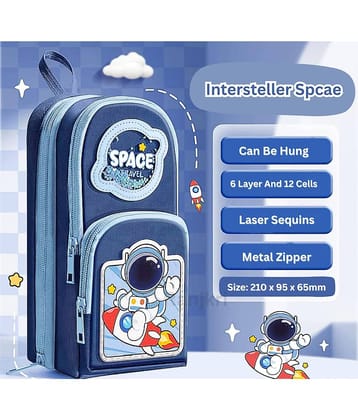 Villy Space 6 Layer with 3 Compartment Premium Canvas Pencil Pouch for School Girls and Boys