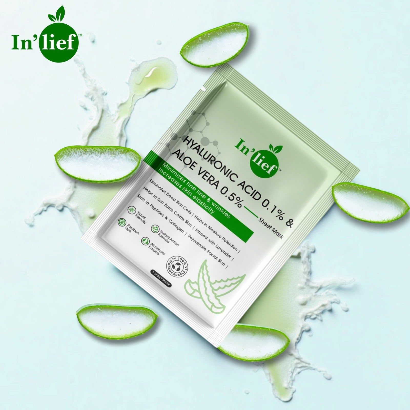 In'Lief Hyaluronic Acid and Aloe Vera Sheet Mask - 25ml | Rich in Peptides & Collagen | Infused with Lavender