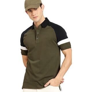 Leotude Men Olive Color Block Cotton Blend Casual T-Shirt