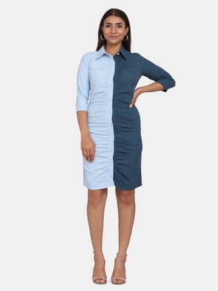 Women's Colour Block Stretch Dress - Blue-2XL