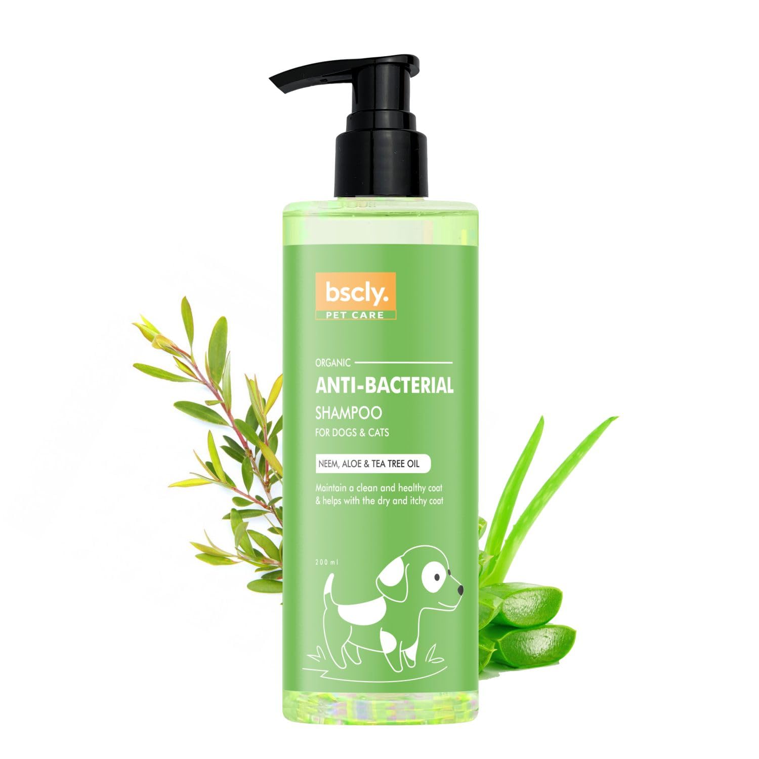 Bscly Anti Bacterial Dog Shampoo - with Neem, Aloe & Tea Tree Oil | Dog Shampoo for Pomeranian, Shih tzu Puppy, German Shepherd, Labrador & Golden Retriever, Dogs Shampoo, 200 ml
