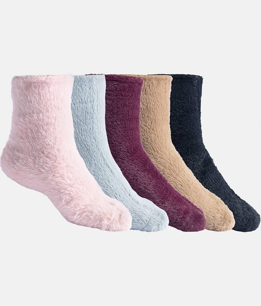 Texlon Pack of 5 Women's Faux Fur Ankle Length Socks ( Multicolor )