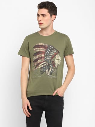 Printed Round Neck T-Shirt for Men - Olive-S / Olive