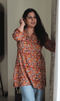 Cotton Red & Blue Leaf Print Kalamkari Short Kurta-XXS