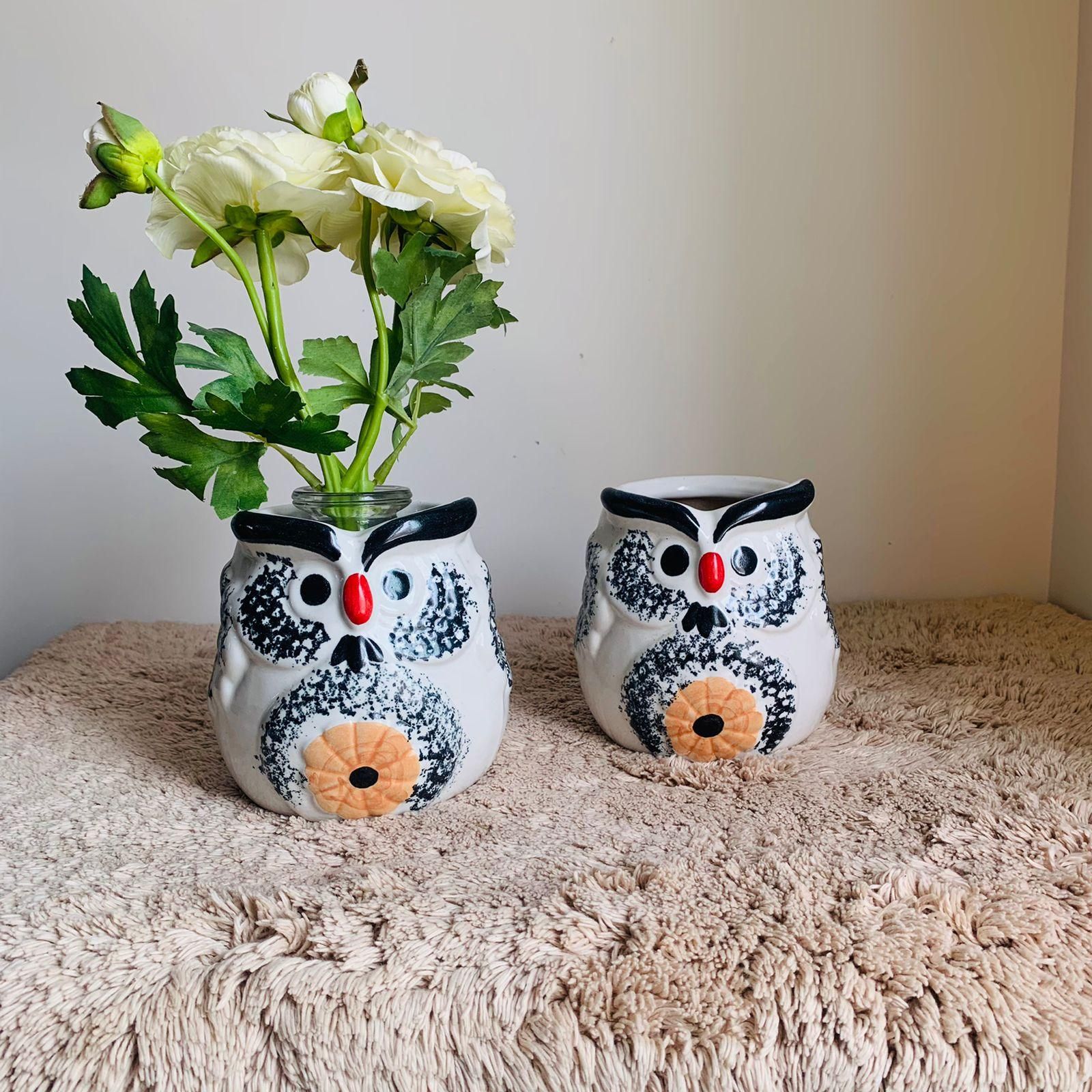 Owl Ceramic Planters-Printed White Blue / Ceramic / Set of 2