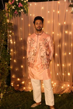 Sahil Anand in Men's Silk Blend Pink Kurta Churidaar With Pichwai Embroidery Nehru Jacket-38