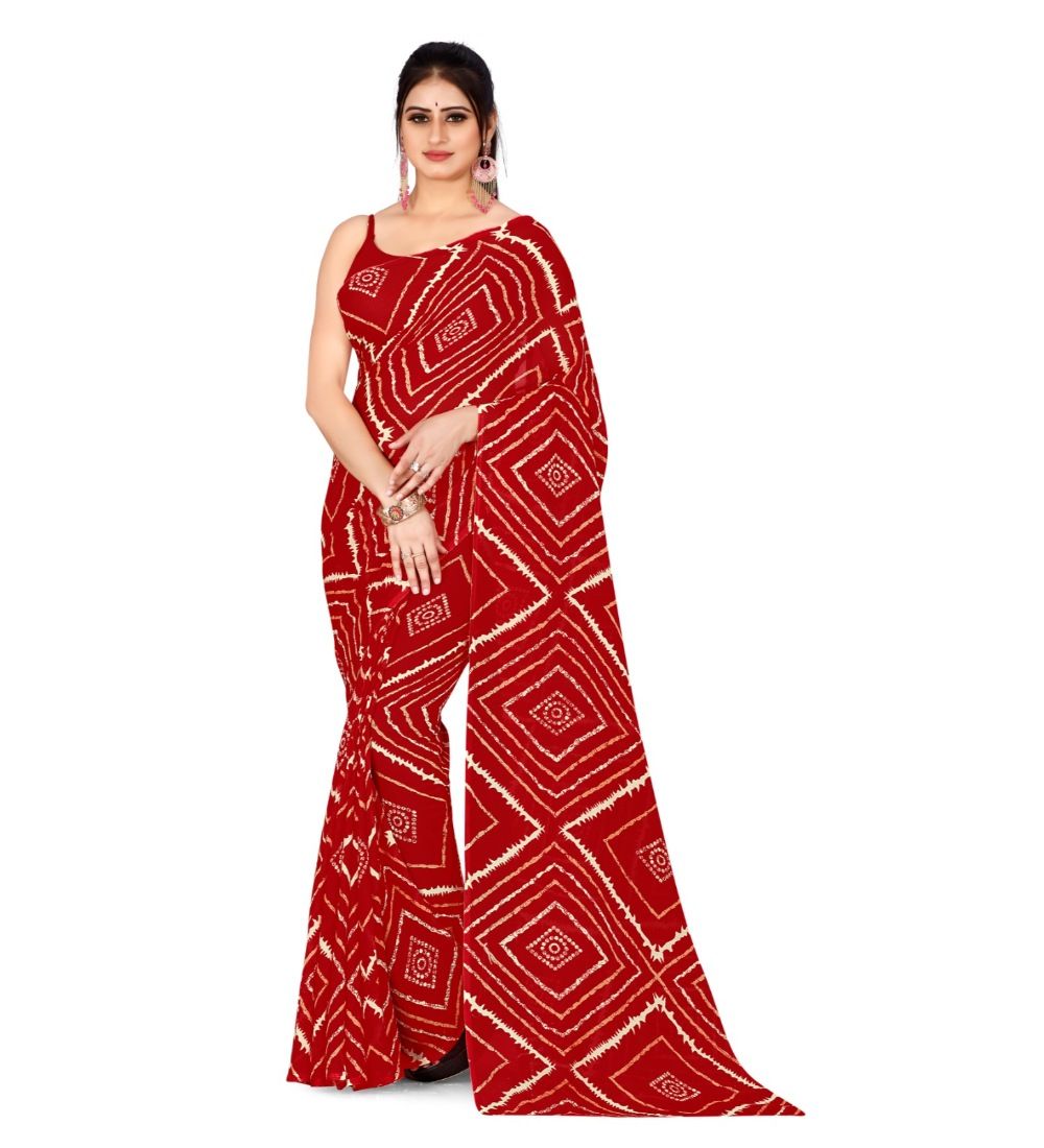 Women's Poly Georgette Printed Saree without Blouse (Red)