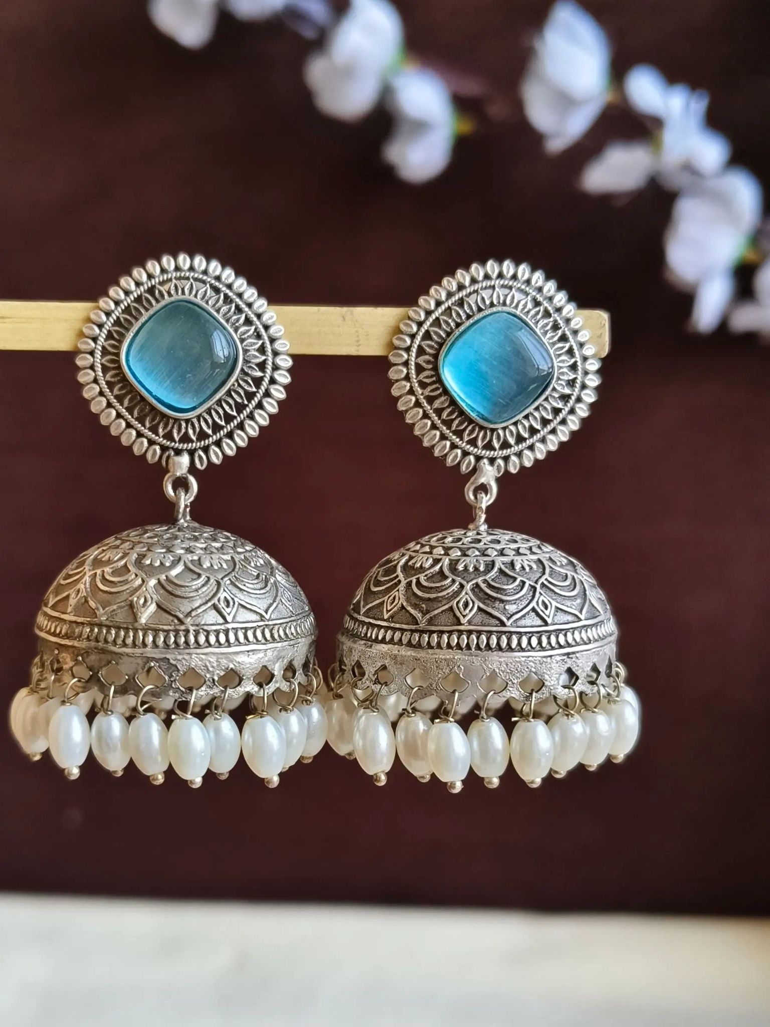 Silver Antique Monalisa Pearl Jhumka Charm | Sarichka-Aqua
